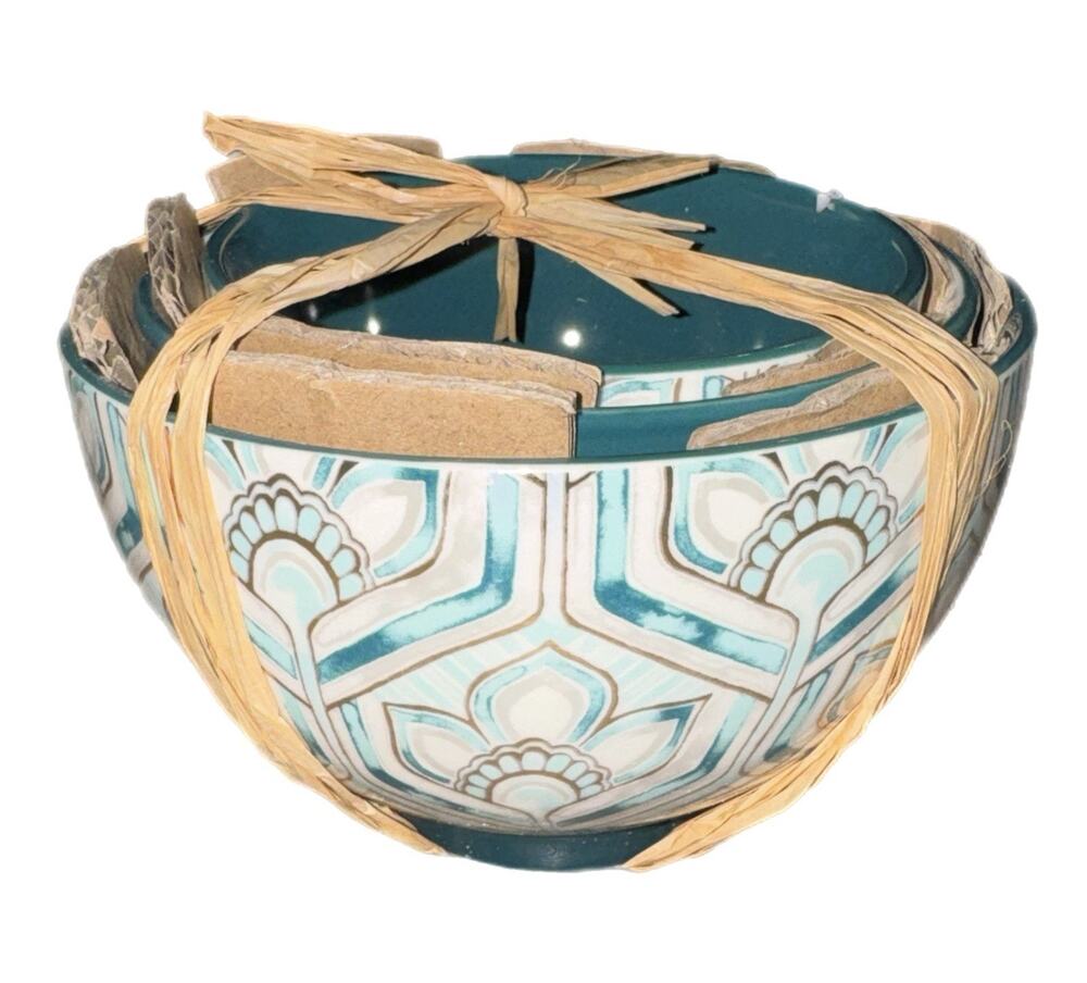 Anthropologie Chic & Tonic safari nesting bowls turquoise, Gold 5”,4.5”3 3/4”